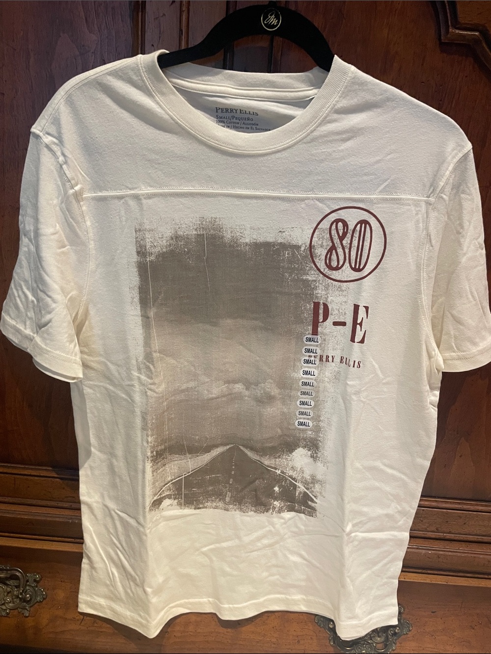 Perry Ellis White Short Sleeve Graphic Tee with Brown Print